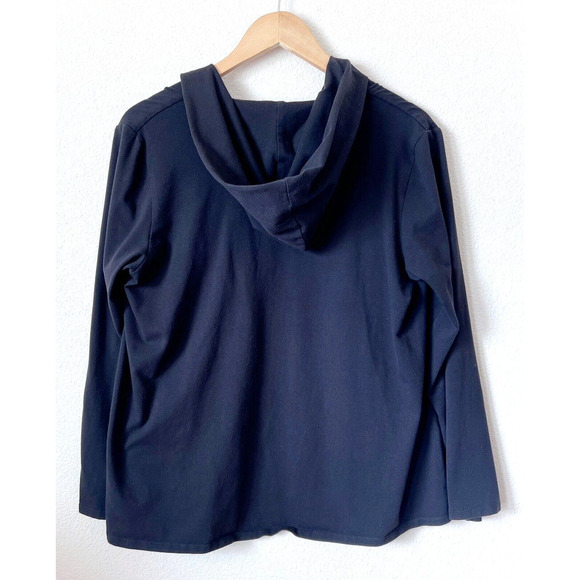 Eileen Fisher Open Hooded Cardigan Organic Cotton Black Size Small USA Pockets - Picture 2 of 5